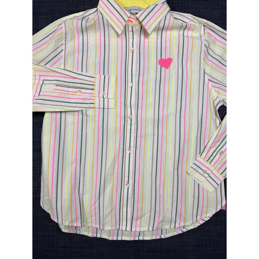 Kerri Rosenthal Pia Stripe Button Down Shirt L White Neon Pink Heart 100% Cotton